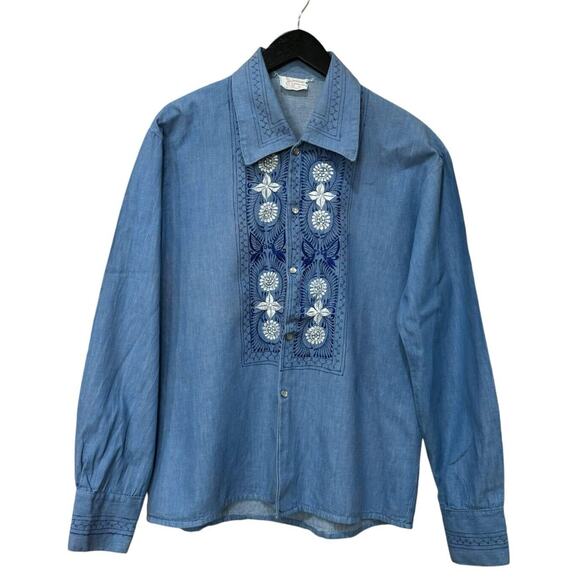 Vintage Sanforized Pearl Snap Denim Embroidered Shirt Size 42 Mexico M